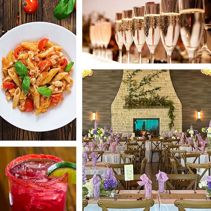 Variety of pastas and champagne with table setting at Fire & Fir Rooftop Event Banquet Hall in Green Bay, Wisconsin Variety of pastas and champagne with table setting at Fire & Fir Rooftop Event Banquet Hall in Green Bay, Wisconsin